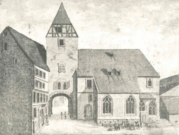 Stätt-Tor und Schöntaler Kapelle vor dem Abbruch 1807/1808. Zeichnung von Major W. Gaupp, aus: Kuno Ulshöfer: Schwäbisch Hall. Bilder einer alten Stadt, Schwäbisch Hall 1971, S. 68.