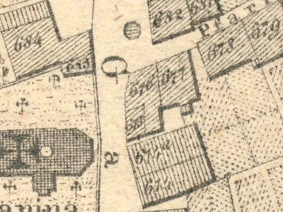 Ausschnitt aus dem Primärkataster  von 1827. Das Haus hat die Nummer 676 (StadtA Schwäb. Hall S13/0583)