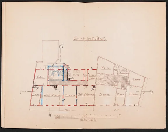 Zweiter Stock der Gebäude Neue Straße 10 und 12 mit den damaligen Nutzungen bzw. geplanten Umbauten, 1897 (Stadt Schwäbisch Hall, Baurechtsamt, Bauakten Neue Straße 10)