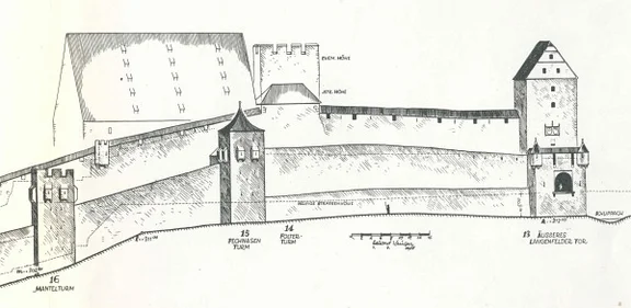 Rekonstruktion des Schiedgrabens mit seinen Befestigungen, rechts neben dem „Neubau“ der Folterturm. Aus: Eduard Krüger: Die Stadtbefestigungen von Schwäbisch Hall, Schwäbisch Hall 1966, S. 54 angeb.