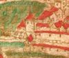 Der Diebsturm in einer kolorierten Federzeichnung aus einer Haller Chronik von etwa 1600. Der markante Bau des Marstalls bzw. Landgerichts entstand erst nach dem Großen Stadtbrand von 1728 (StadtA SHA 4/4 Bl. 2)