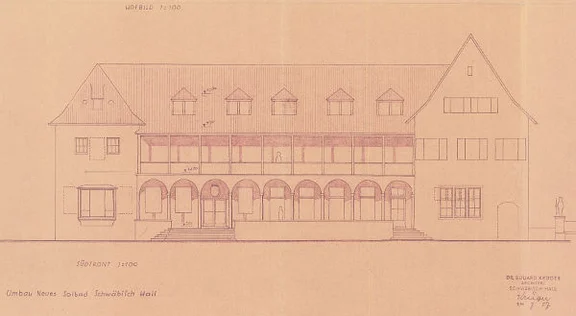 Ansicht der Seite zum Unterwöhrd für ein nicht umgesetztes Umbauprojekt von Dr. Eduard Krüger, 1957 (StadtA Schwäb. Hall S06/P6354)