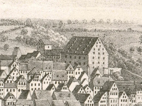 Ausschnitt aus einer lithographierten Stadtansicht von Wilhelm Haaf nach Vorlage von F. Bonhöfer, um 1850 (StadtA Schwäb. Hall S10/712)