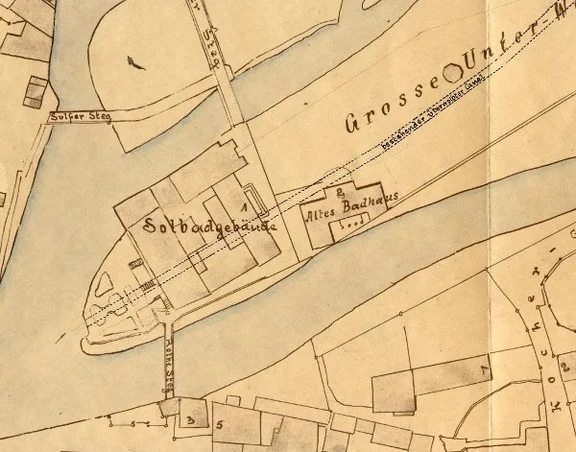 Plan des Unterwöhrds mit altem und neuem Solbad von 1917, entstanden zum geplanten, aber nicht umgesetzten Einbau einer Turbine im Triebwasserstollen der ehemaligen „Wasserkunst“ (StadtA Schwäb. Hall 21/761)