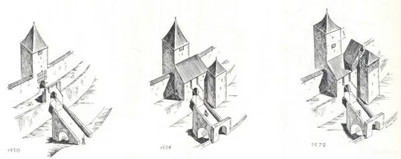 Rekonstruktion des Weilertors in seinen verschiedenen Ausbauphasen: der ursprüngliche Bau von 1330, der Ausbau von 1526 mit überdachtem Vortor, Bastei und Außentor und die letzten Erweiterungen von 1579. Aus Eduard Krüger: Die Stadtbefestigung von Schwäbisch Hall, Schwäbisch Hall 1966, S. 118