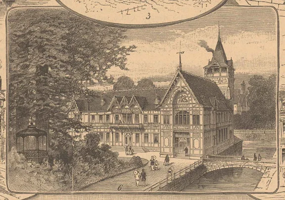 Das Solbad als Teil einer Sammelansicht von Schwäbisch Hall. Druck von J.G. Franz aus der Zeitschrift „Über Land und Meer“, um 1880 (StadtA Schwäb. Hall S10/2239)