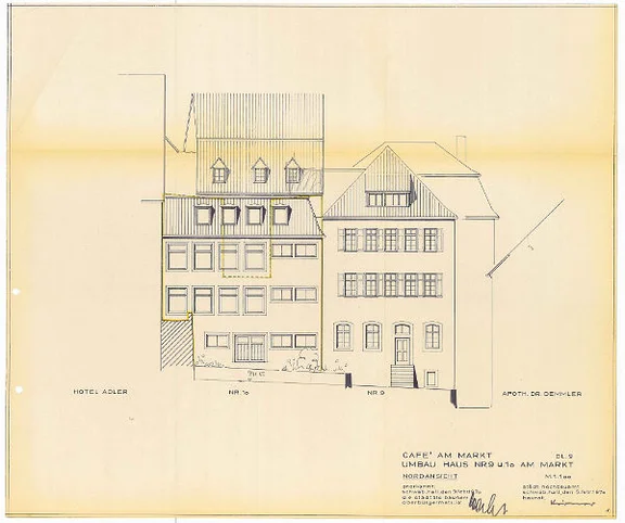 Ansicht der Nordfassaden aus den Plänen zum umfassenden Umbau des Sibilla-Egen-Hauses (Am Markt 10) und der bisherigen Drogerie Finckh (Am Markt 10), 1970  (Stadt Schwäbisch Hall, Baurechtsamt, Bauakten Am Markt 9)