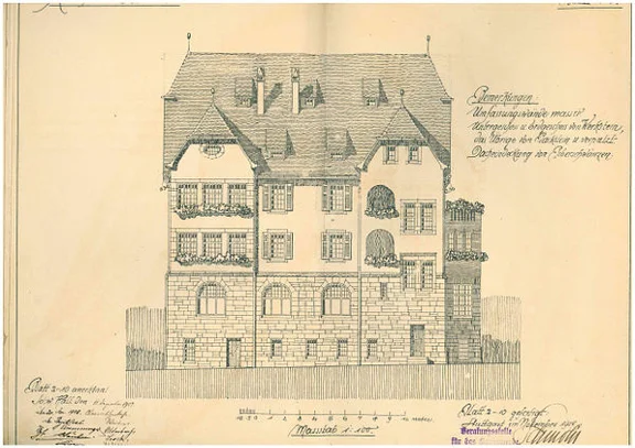 Ansicht der Nordseite (Gartenseite) aus den Plänen zum Neubau des Hauses, 1907 (StadtA Schwäb. Hall 27/0527).