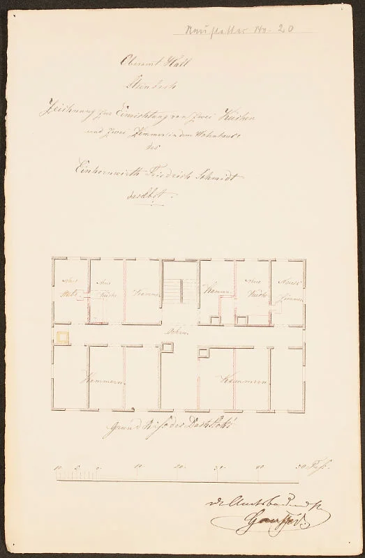 Plan von 1864 zur Einrichtung von zwei Küchen und zwei beheizbaren Zimmern im Oberstock der Einhornwirtschaft (Stadt Schwäb. Hall, Baurechtsamt, Bauakten Neustetterstraße 20)