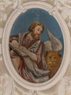 Der Evangelist Markus mit seinem Symbol, dem Löwen. Deckengemälde von Johann Michael Roscher, 1737/38. Foto: Dietmar Hencke, 2018 (StadtA Schwäb. Hall DIG 10613)