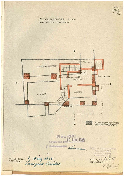 Grundriss der Gewölbekeller für den Umbau von 1955, geplanter Zustand. Ein kleiner Gewölbekeller im südöstlichen Hauseck wurde für den Einbau eines Heizkellers entfernt. Original: Privatbesitz (StadtA Schwäb. Hall DIG 10634)