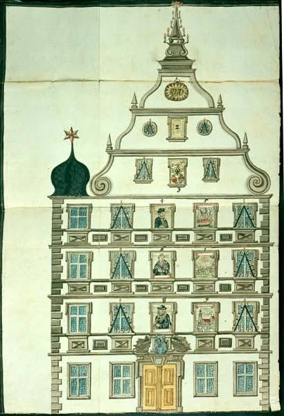 Das damals von  Stättmeister Johann Lorenz Drechsler bewohne Haus auf dem Entwurf für eine „Illumination“ (Beleuchtung) anlässlich der Zweihundertjahrfeier der Reformation 1717 (StadtA SHA D 08608)