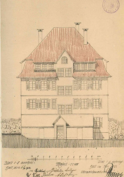 Plan mit Ostansicht (Gartenseite) zur Aufstockung des Hauses, 1922 (StadtA Schwäb. Hall 27/0526).