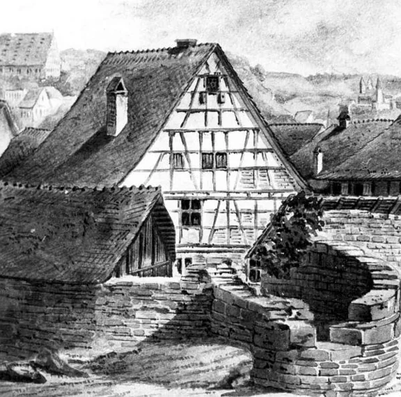 Das Haus hinter der Ruine des Faulturms. Zeichung von Johann Friedrich Reik, nach 1880 (StadtA Schwäb. Hall Server Häuserlexikon)