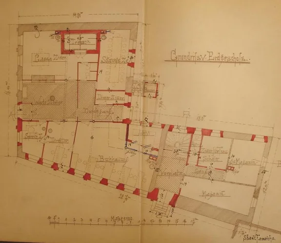 Plan des Erdgeschosses für den Umbau in die Gewerbebank, 1897 (Baurechtsamt Schwäb. Hall, Bauakten Marktstraße 17)
