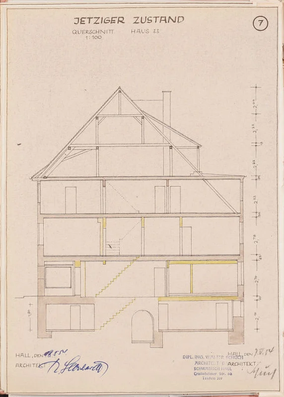Umbau von 1954/55. Querschnitt durch das Haus vor dem Umbau (Stadt Schwäb. Hall, Baurechtsamt, Bauakten Neue Straße 29-33)