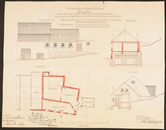 Ansichten, Schnitt und Grundriss des 1911 geplanten „Gähr- und Abfüllkeller[s] mit Maschinenstube“ (Stadt Schwäb. Hall, Baurechtsamt, Bauakten Neustetterstraße 20)