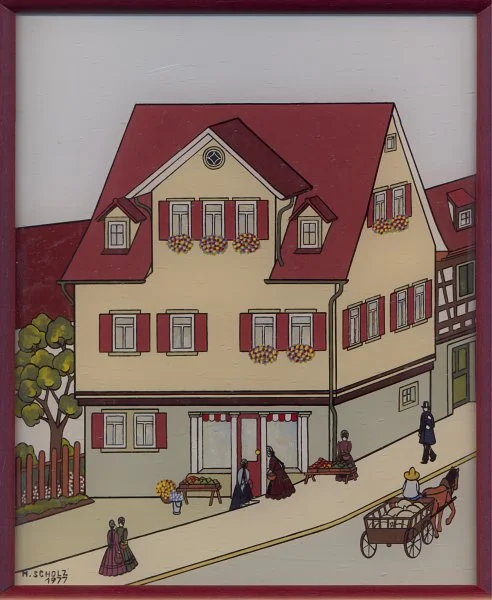 Nach dem Abbruch des Hauses enstandene Hinterglasmalerei von Martha Scholz, Schwäbisch Hall, 1977. Von derselben Künstlerin existiert ein weiteres, fast identisches Bild (Repro: StadtA Schwäb. Hall DIG 02767 / Original: Privatbesitz)