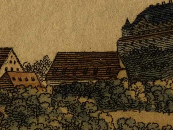 Ausschnitt aus einer Ansicht von Comburg und Steinbach um 1825, auch  hier steht die Zehnscheuer noch.  Altkolorierter Stich von Eberhard Emminger bei G. Ebner, Stuttgart (StadtA Schwäb. Hall S10/2305)