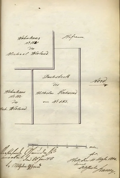 Grundriss des 1. Stocks bzw. Dachstocks der beiden zusammengebauten Häuser PKN 182 (Keckenhof 5) und 183  (Keckenhof 4) auf einem Teilungsplan der Hausbesitzer Wilhelm Gschwend und Michael Wieland, 1874 (StadtA SHA  19/1068, Nr. 59)