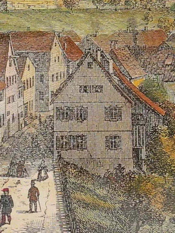 Ausschnitt aus einem kolorierten Holzstich nach Vorlage von Wilhelm Haaf, um 1850 (StadtA Schwäb. Hall S10/1069)