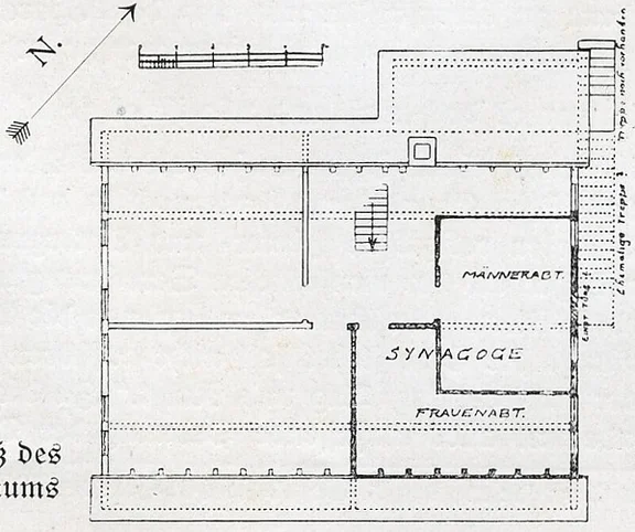 Grundriss der Holzsynagoge aus: Wilhelm German: Die Holzsynagoge in Schwäbisch Hall, in: Schwäbisches Heimatbuch 14 (1928), S. 30-35