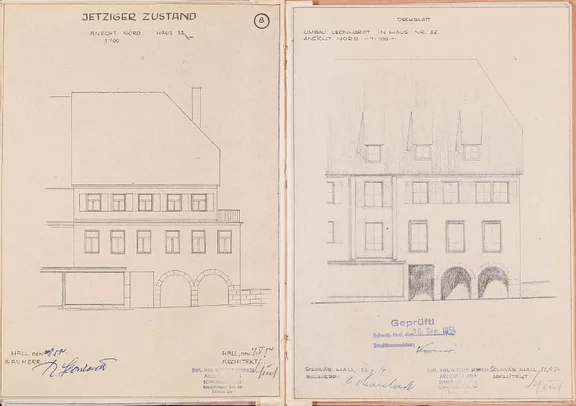 Umbau von 1954/55. Nordfassade zur Neuen Straße vor und nach dem Umbau (Stadt Schwäb. Hall, Baurechtsamt, Bauakten Neue Straße 29-33)