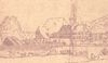 Blick auf das Mühlenensemble aus Richtung Südwesten bzw. Westen. Nachzeichnung einer Zeichnung N. Bonhöffers von 1933 durch Eduard Krüger, 1944 (StadtA SHA S22/1037)