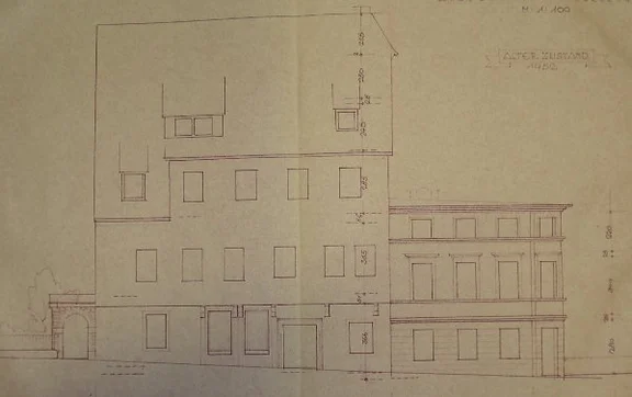Umbau der Geschäftsräume im Erdgeschoss: Ansicht der Fassade mit dem bisherigen Zustand, 1952 (Baurechtsamt Schwäb. Hall, Bauakten)