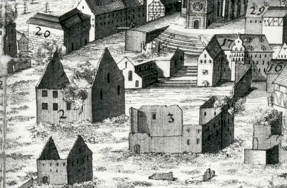 Die Ruinen des Rathauses (Nr. 2, rechts) und der Kanzlei (Nr. 3, links) nach dem Stadtbrand von 1728. Ausschnitt aus dem Kupferstich von A. Nunzer nach J. P. Meyer (StadtA Schwäb. Hall FS 36334)
