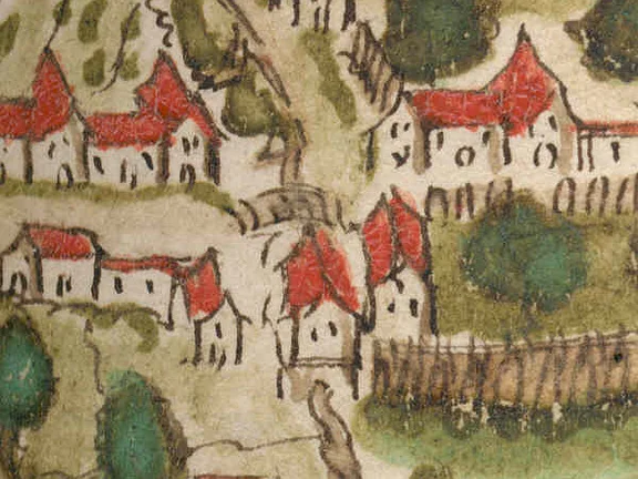 Ausschnitt aus einer Ansicht der Comburg in der illustrierten Handschrift einer Schwäbisch Haller Chronik nach Georg Widman und Johann Herolt, kolorierte Federzeichnung um 1600.  In der Bildmitte können die beiden heutigen Häuser Neustetterstraße 23 (links, mit darunter verlaufendem Bach) und 21 (rechts davon) relativ sicher identifiziert werden (StadtA Schwäb. Hall 4/4, Bl. 83r)