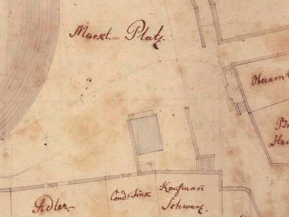 Ausschnitt aus einem „Situationsplan“ des Marktplatzes und der umgebenden Straßen von Geometer Seiferheld, 1837 (StadtA Schwäb. Hall 16/147)