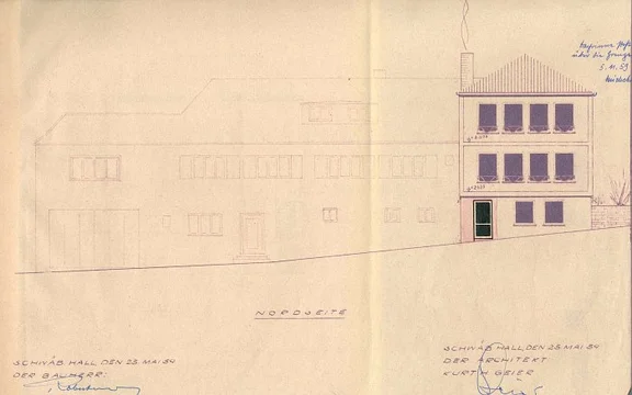 Neubau anstelle des 1945 zerstörten Nebengebäudes, Ansicht der Straßenseite,1959 (Baurechtsamt SHA, Bauakten)