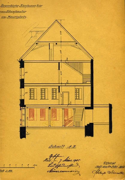 Plan zum Einbau neuer Schaufenster und zu Umbauarbeiten im Erdgeschoss, 1905, Schnitt durch das Haus (Baurechtsamt Schwäb. Hall, Bauakten)