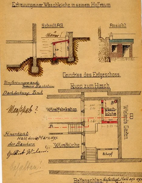Plan zum Bau einer Waschküche im Hinterhof des Hauses, 1897 (Baurechtsamt Schwäbisch Hall, Bauakten Gelbinger Gasse 16)