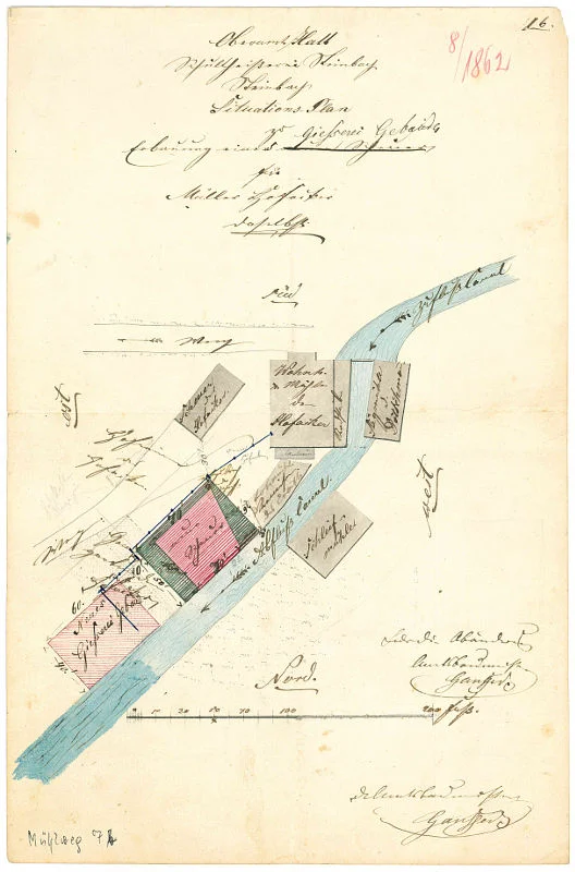 Lageplan zur Einrichtung einer Eisengießerei neben der neu erbauten Scheuer durch Kochermüller Simon Hofacker, 1862 (StadtA Schwäb. Hall 27/538)