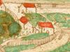 Ausschnitt aus einer Ansicht Unterlimpurgs in einer Haller Chronik um 1600 (kolorierte Federzeichnung) (StadtA SHA 4/4, Bl. 10v)