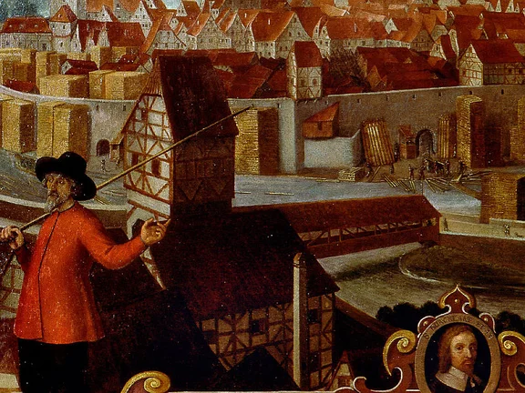Sehr wahrscheinlich handelt es sich bei dem direkt unterhalb des Rotstegturms dargestellten Gebäude um das heutige Haus Bahnhofstraße 3. Ausschnitt aus der großen Stadtansicht von Hans Schreyer von 1643 im Haalamt. Foto: Jürgen Weller, Schwäbisch Hall (StadtA Schwäb. Hall DIG 01170)