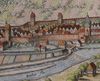 Auf der Merian-Stadtansicht von 1643 ist ein Vorgängerbau des Fischhauses relativ eindeutig zu erkennen - am Kocherufer hinter der Einmündung des Mühlkanals und neben dem Steg (StadtA SHA S10/506)