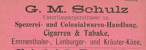 Anzeige der im Haus befindlichen „Spezerei- und Colonialwaren-Handlung“  des G. M Schulz aus dem Jahr 1901, aus: W. Burkhardt (Bearb.): Adreß- und Geschäfts-Handbuch der Oberamtsstadt Schwäbisch Hall, Schwäbisch Hall 1901, Inseratenanhang, S. 32 (StadtA Schwäb. Hall Bibl. 2947)