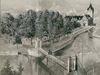 Stark retuschierte Fotografie des Kettenstegs vom Ende des 19. Jahrhunderts, dahinter die Kuranlagen auf dem Unterwöhrd mit Musikpavillon und Solbad (StadtA SHA HV-F 0107)