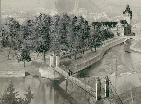 Stark retuschierte Fotografie des Kettenstegs vom Ende des 19. Jahrhunderts, dahinter die Kuranlagen auf dem Unterwöhrd mit Musikpavillon und Solbad (StadtA SHA HV-F 0107)