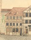 Vor dem Abbruch des Riedener Tores 1824 - das Haus grenzte direkt an die Stadtmauer. Zeichnung von Peter Koch nach einer älteren Vorlage, 1878 (StadtA SHA S10/339)
