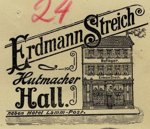 Ausschnitt aus einem Briefkopf des Hutmachergeschäfts von Erdmann Streich, 1914 (StadtA SHA 39/1322)