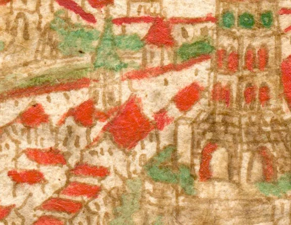 Ausschnitt aus einer kolorierten Federzeichnung in einer Haller Chronik um 1600 (StadtA Schwäb. Hall  4/4, Bl. 2V)