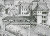 Ausschnitt aus einer Darstellung der Fahnenweihe der Schwäbisch Haller Bürgerwehr auf dem Haalplatz am 10. Juni 1849. Lithografie von W. Haaf (StadtA Schwäb. Hall FS 26933)