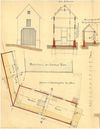 Grundriss und Schnitte zum Neubau einer abgebrannten Scheuer, 1884. Gelb eingezeichnet ist der Verlauf der in diesem Zusammenhang abgetragenen Stadtmauerreste (StadtA SHA 27/0450)