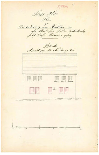 Ansicht der südlichen Längsseite zum Einbau einer Drehereiwerkstatt im Erdgeschoss des Hauses, 1870 (StadtA Schwäb. Hall 27/506)