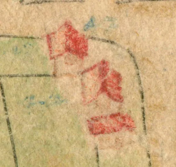 Ausschnitt aus der Flurkarte von Unterlimpurg, 1703. Es ist nicht eindeutig festellbar, ob es sich bei dem kleinen, querstehenden Haus tatsächlich um die spätere Nr. 76 handelt, es scheint jedoch wahrscheinlich (StadtA SHA 16/0021)