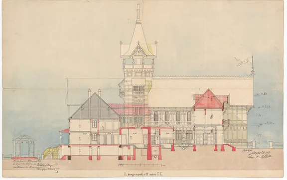 Längsschnitt durch das geplante Solbad, kolorierter Plan von Baumeister J. Holch, 1878 (StadtA Schwäb. Hall S06/P6223)